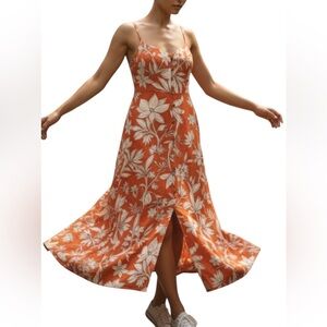 Monteau, orange floral summer linen/rayon dress, button front, size L great cond